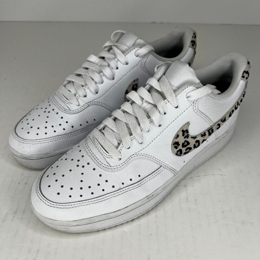 Nike Womens White Court Vision Low Leopard Swoosh Print Size 8 Sneaker Shoes